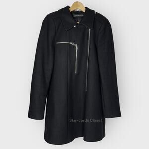 Zara Woman Longline Black Coat Medium Removable Faux Fur Collar Zip Jacket